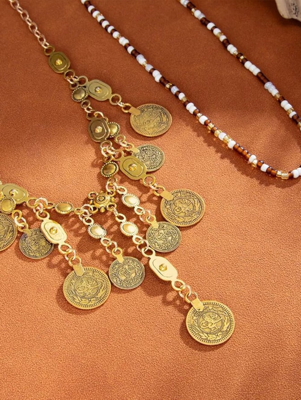 Boho Coin Charm Necklace Layered Beaded Chunky Gypsy - Picture 5 of 5